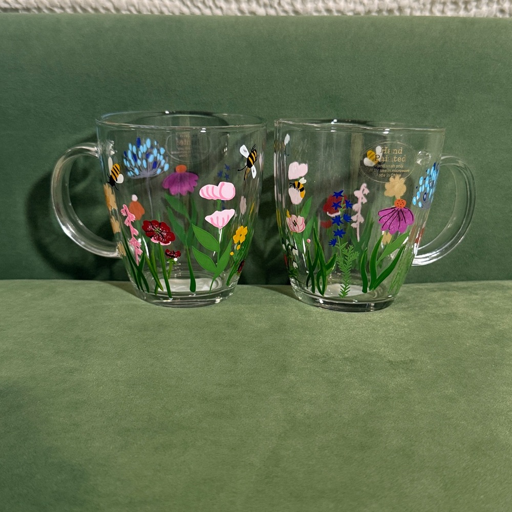 Clear Hand Painted Glass Floral Mug with Colorful Wildflower Design - Set of 2